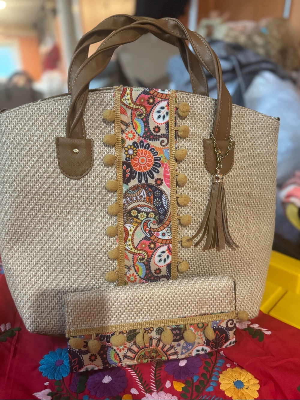 Neutral Woven Tote with Multicolor Paisley Accent and Tassel